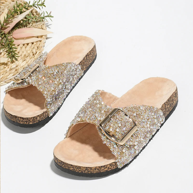 Outdoor Women's Slippers Casual Versatile Fashion Summer Beach Sandals Diamond-studded Metal Buckle Street Retro Comfortable