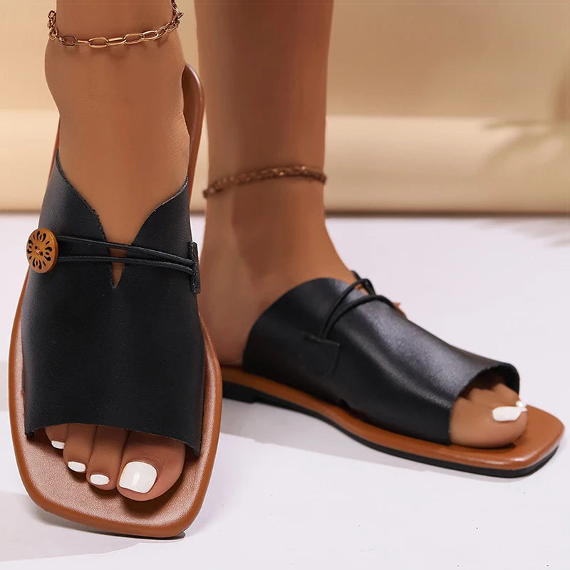 Women's Sandals Square Head Summer Sandals Elegant Summer Shoes Woman Casual Flat Sandals 2025 Sandalias De Mujer Beach Footwear