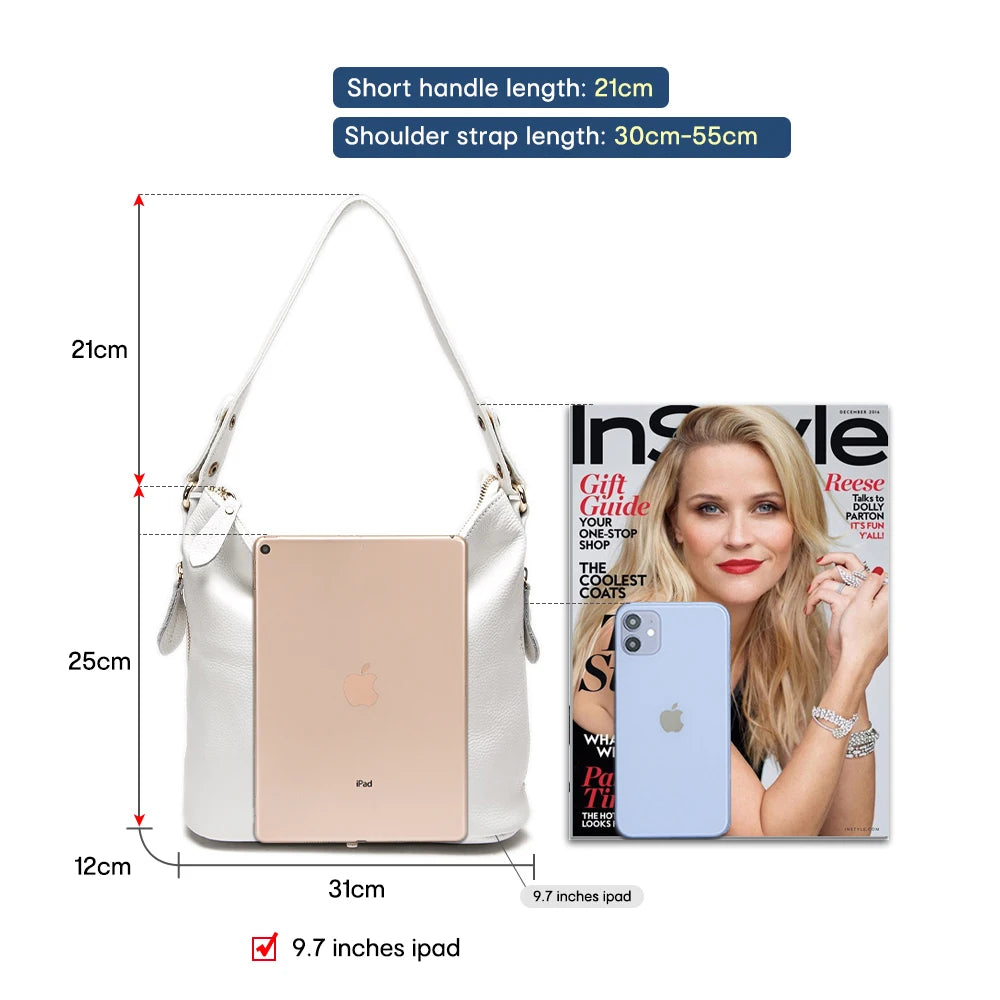 Zency Elegant Blue Women Shoulder Bag 100% Genuine Leather White Hobos Handbag Lady Messenger Purse Charm Lock Decoration Red